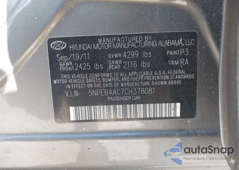 2012 Hyundai Sonata Gls from USA, damaged, VIN 5NPEB4AC7CH378081